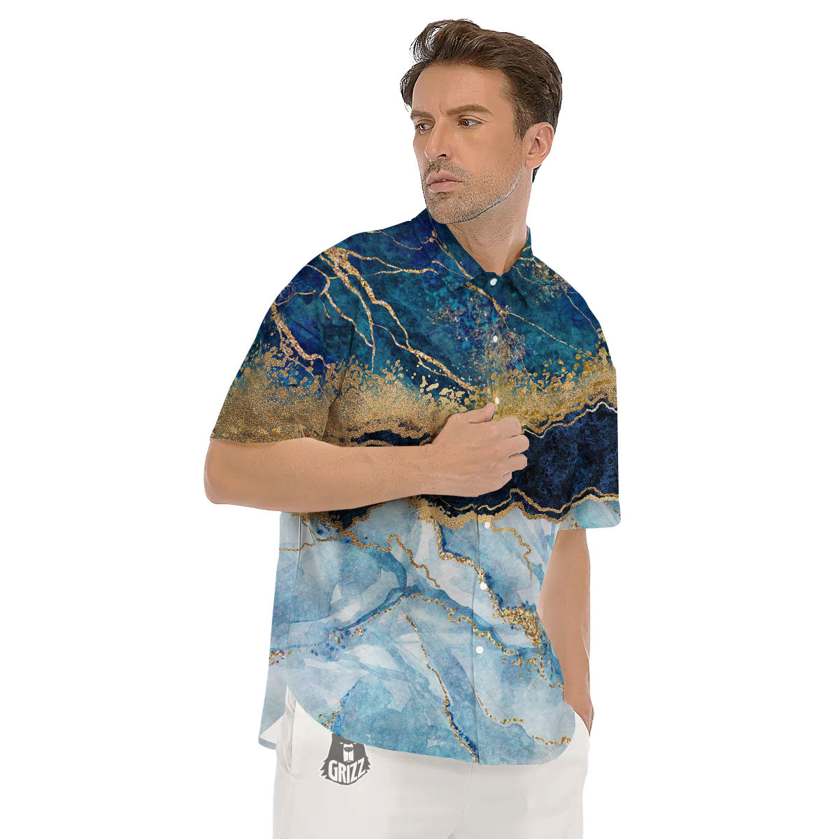 Blue And Gold Marble Print Men's Short Sleeve Shirts-grizzshop