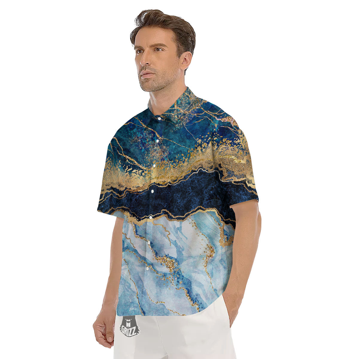 Blue And Gold Marble Print Men's Short Sleeve Shirts-grizzshop