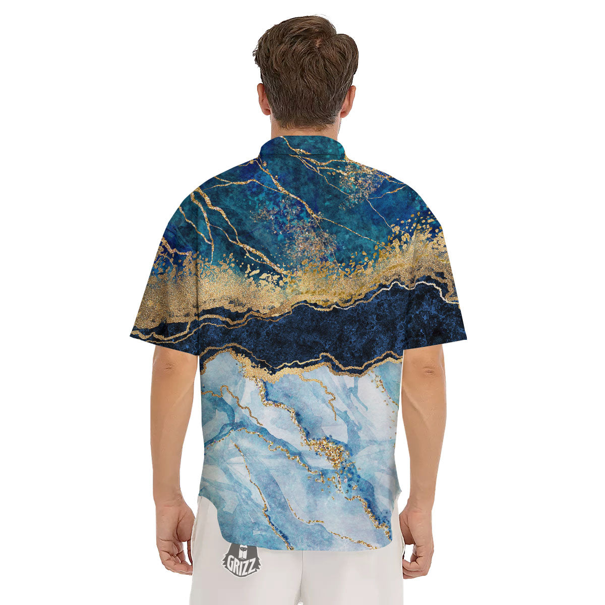 Blue And Gold Marble Print Men's Short Sleeve Shirts-grizzshop