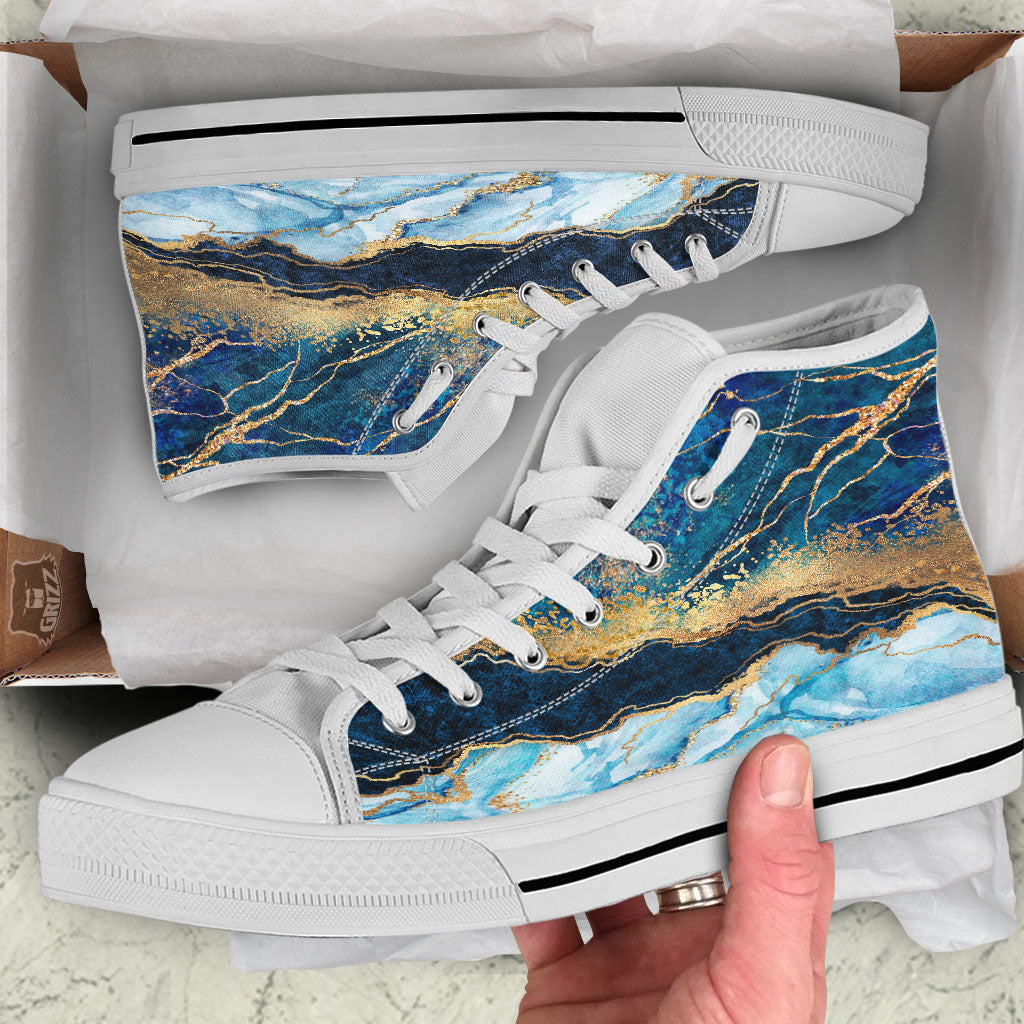 Blue And Gold Marble Print White High Top Shoes-grizzshop