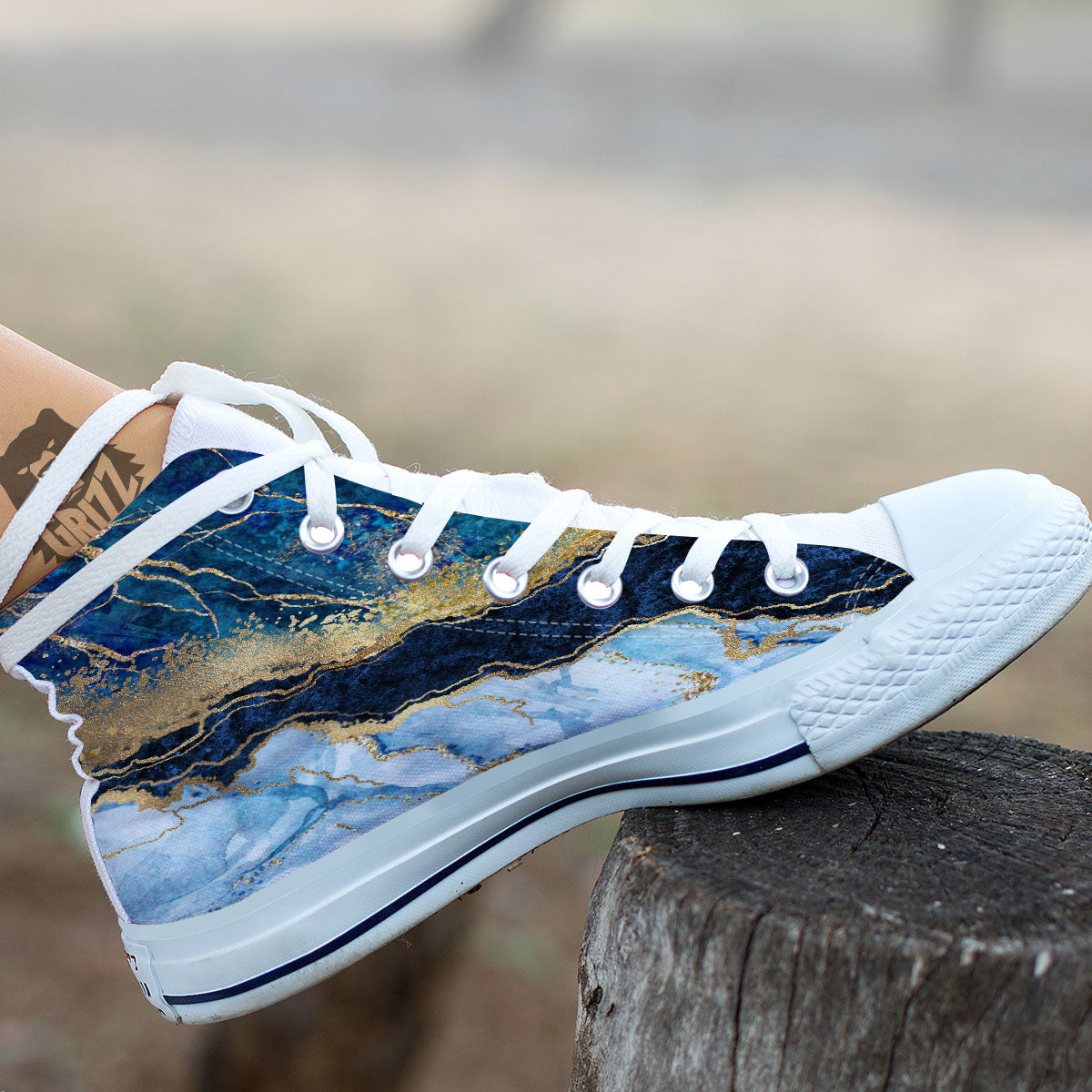 Blue And Gold Marble Print White High Top Shoes-grizzshop