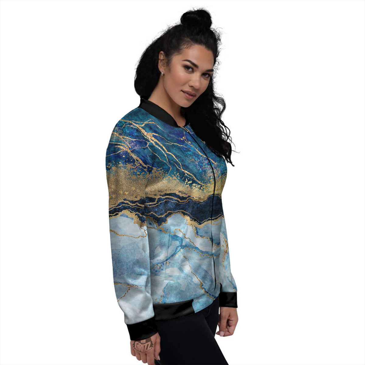 Blue And Gold Marble Print Women's Bomber Jacket-grizzshop