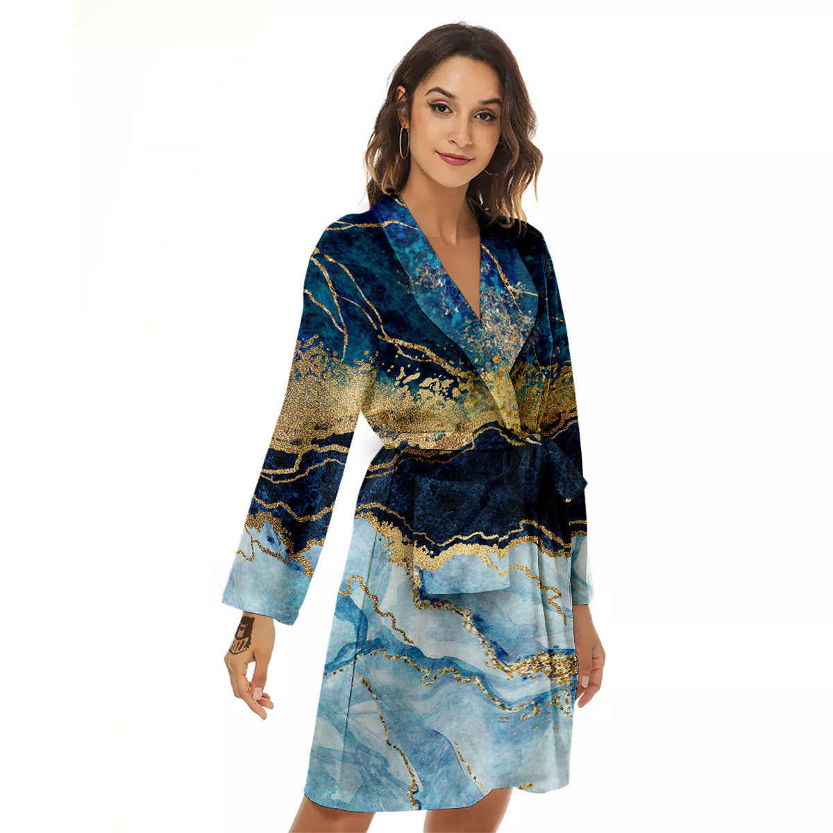 Blue And Gold Marble Print Women's Robe-grizzshop