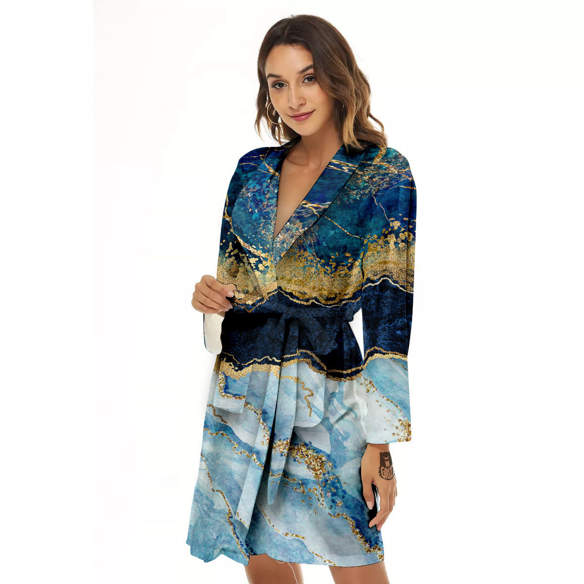 Blue And Gold Marble Print Women's Robe-grizzshop