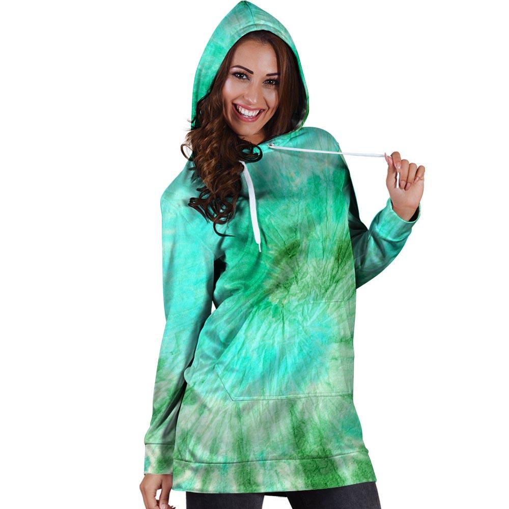 Blue And Green Tie Dye Hoodie Dress-grizzshop