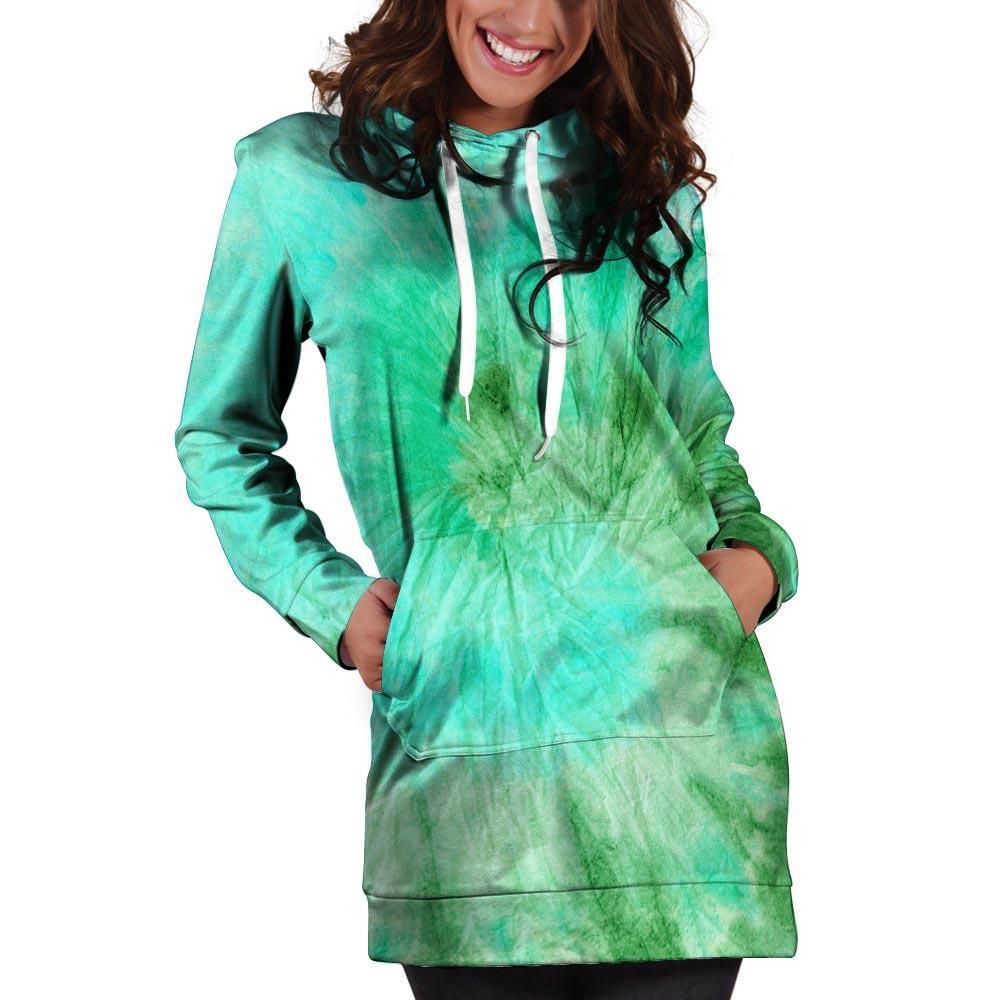 Blue And Green Tie Dye Hoodie Dress-grizzshop