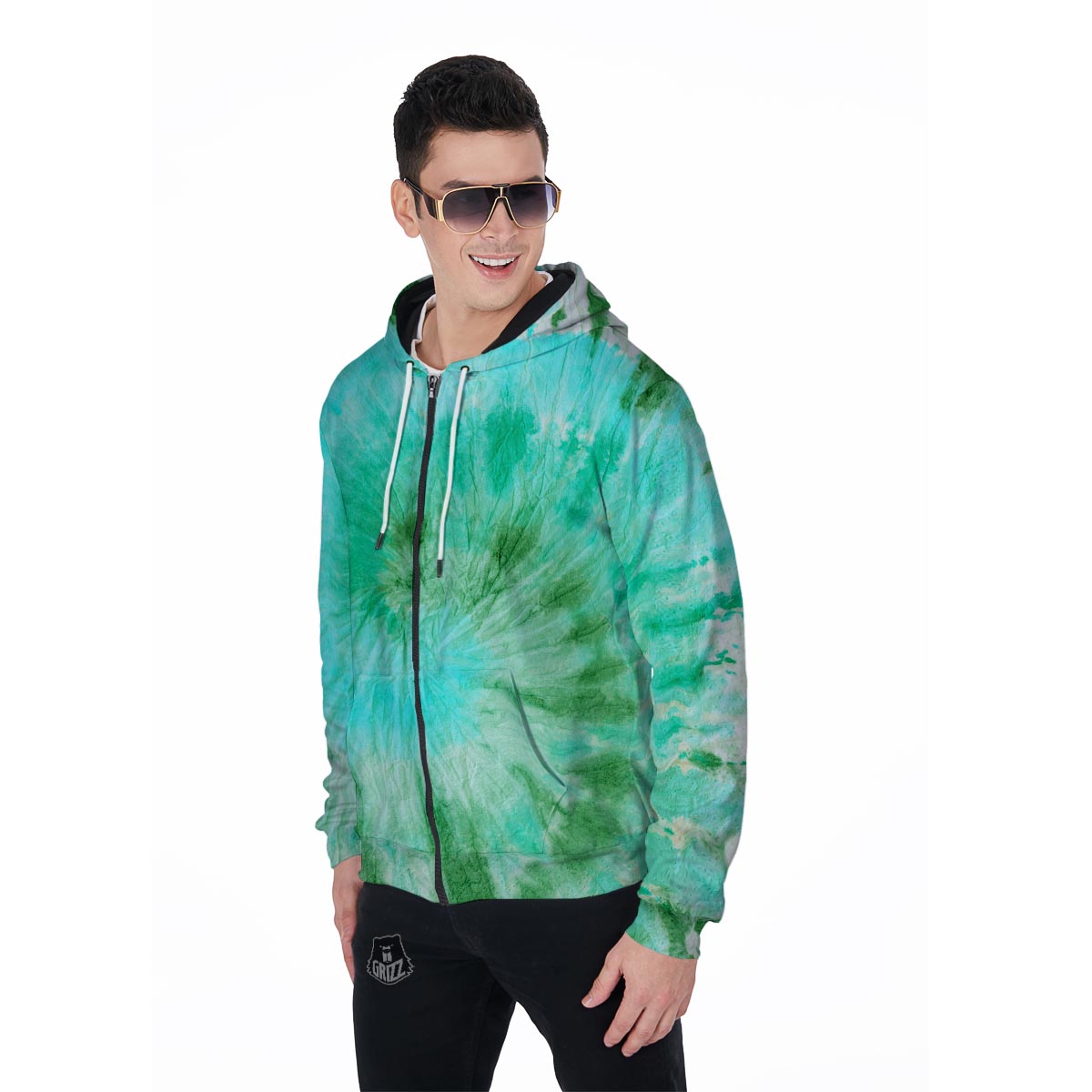 Blue And Green Tie Dye Men's Zip Up Hoodie-grizzshop