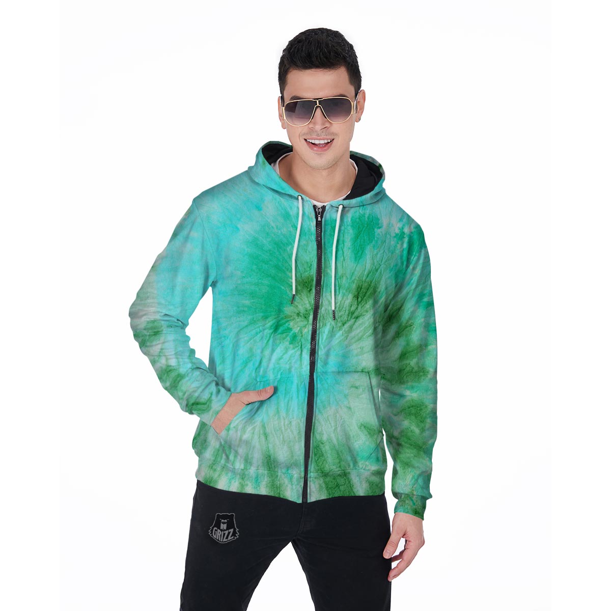 Blue And Green Tie Dye Men's Zip Up Hoodie-grizzshop
