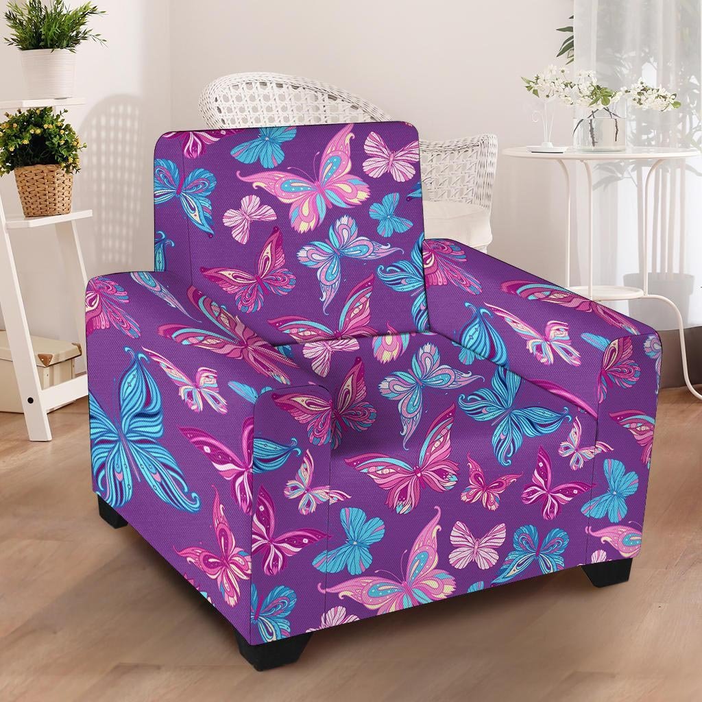 Blue And Pink Butterfly Print Armchair Cover-grizzshop