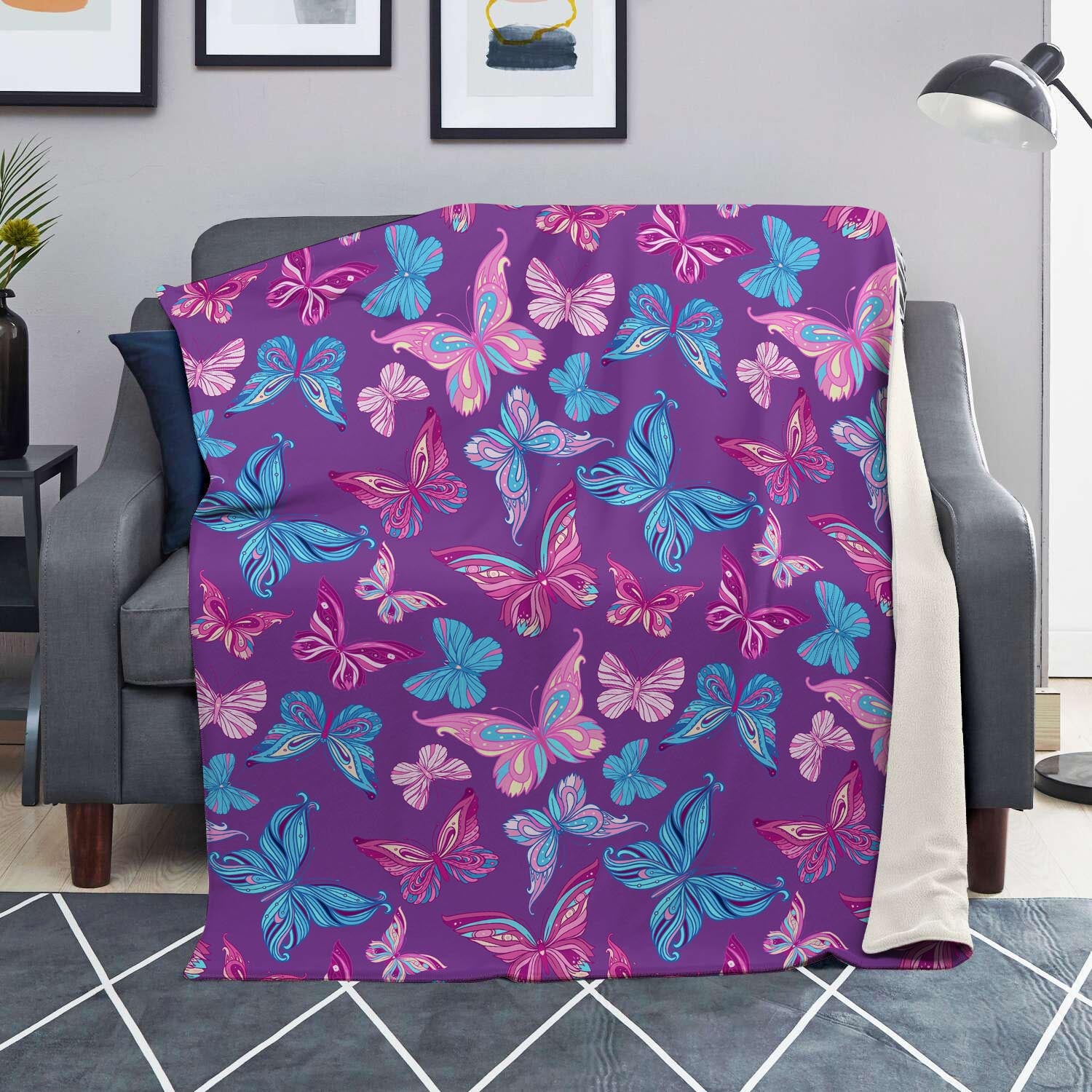 Blue And Pink Butterfly Print Blanket-grizzshop