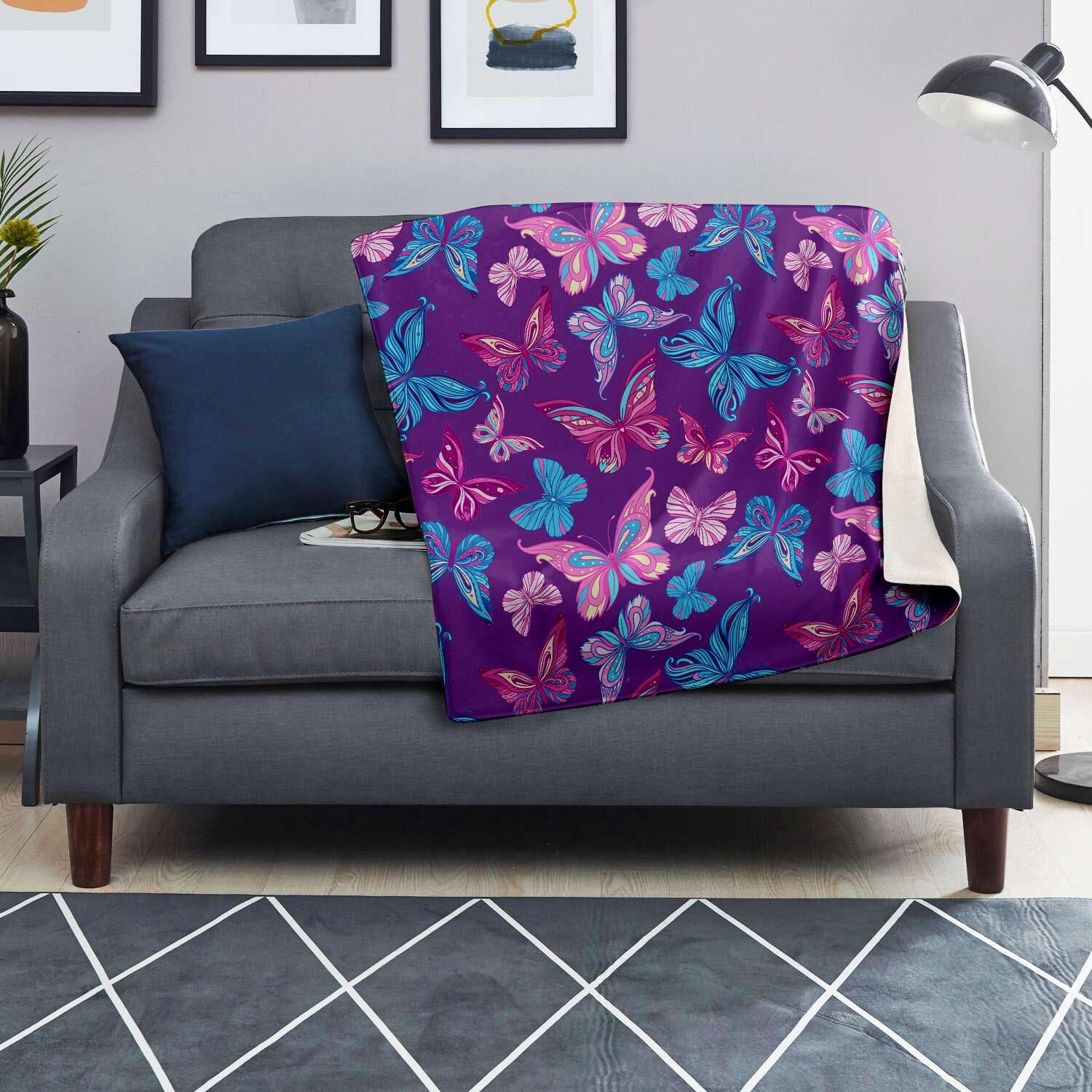 Blue And Pink Butterfly Print Blanket-grizzshop