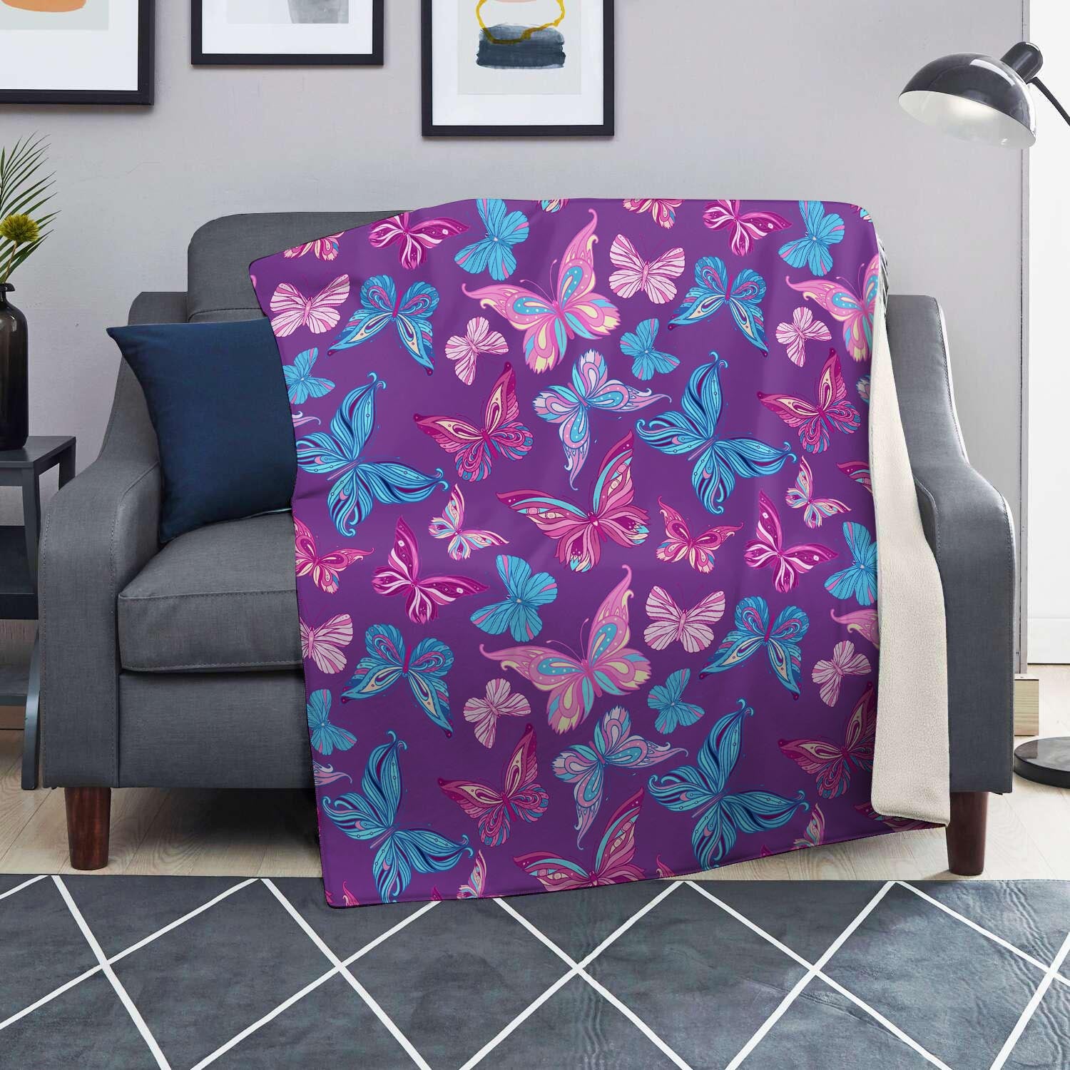 Blue And Pink Butterfly Print Blanket-grizzshop