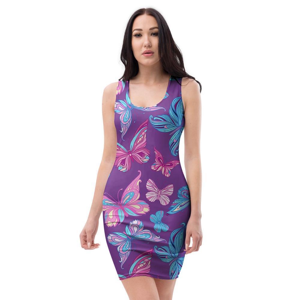 Blue And Pink Butterfly Print Bodycon Dress-grizzshop