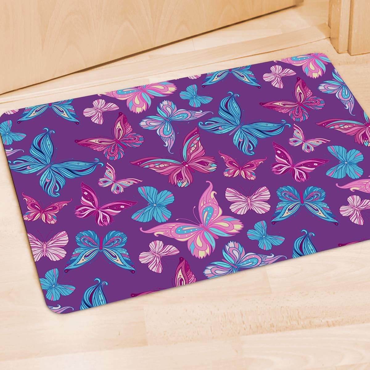 Blue And Pink Butterfly Print Door Mat-grizzshop