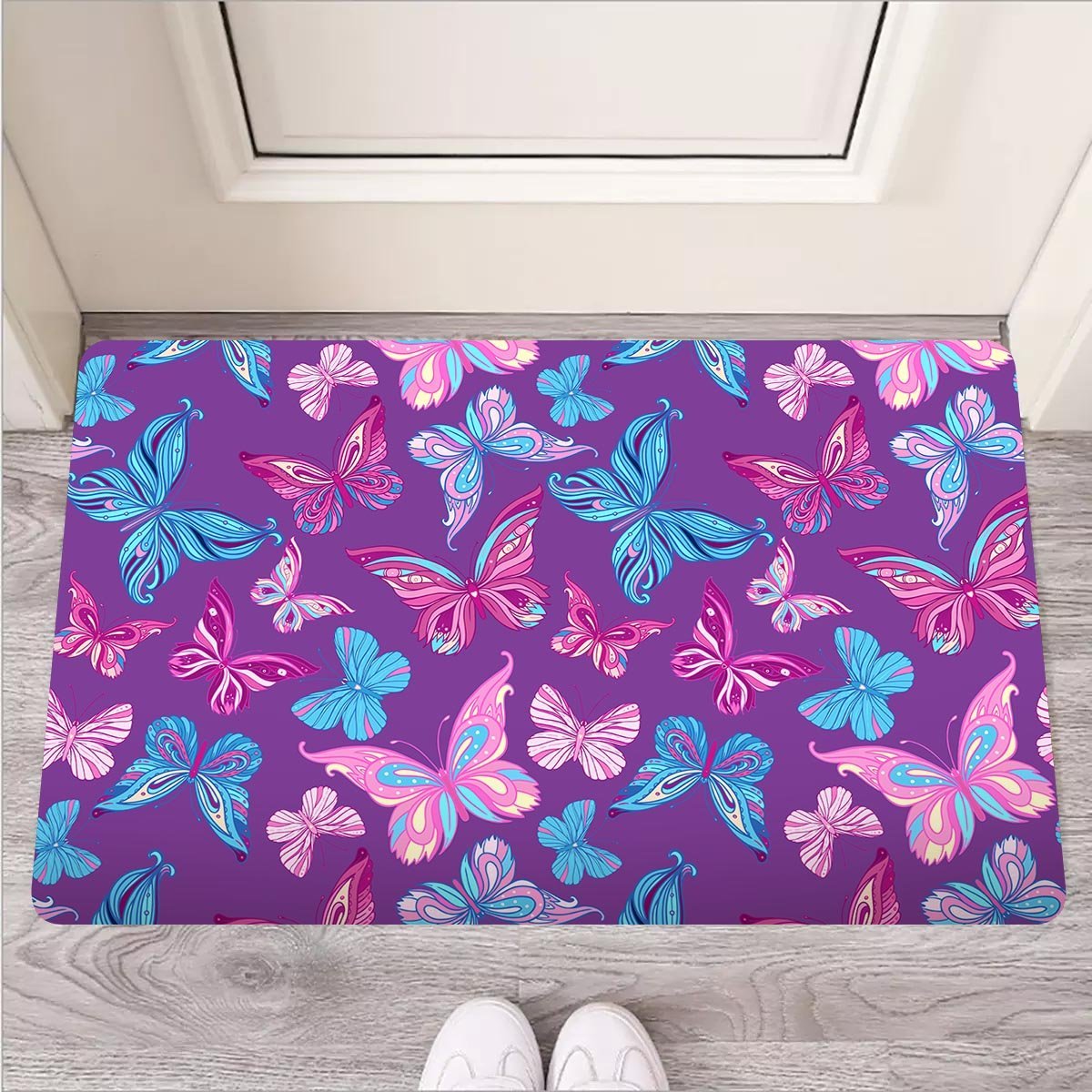 Blue And Pink Butterfly Print Door Mat-grizzshop