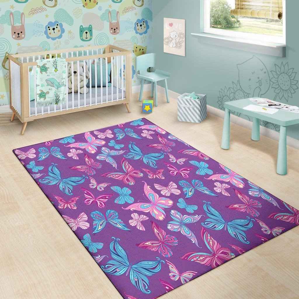 Blue And Pink Butterfly Print Floor Mat-grizzshop