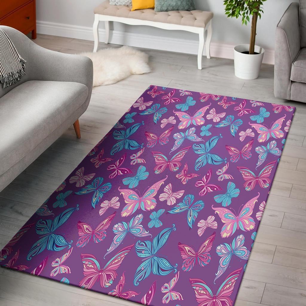 Blue And Pink Butterfly Print Floor Mat-grizzshop