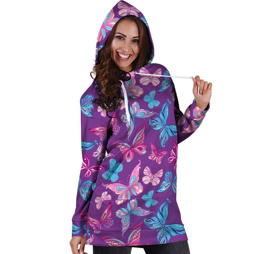 Blue And Pink Butterfly Print Hoodie Dress-grizzshop