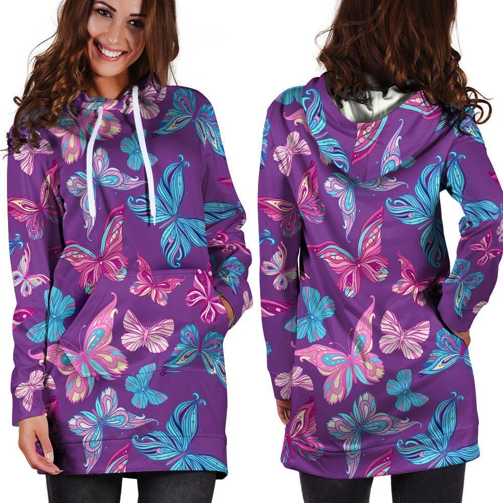 Blue And Pink Butterfly Print Hoodie Dress-grizzshop