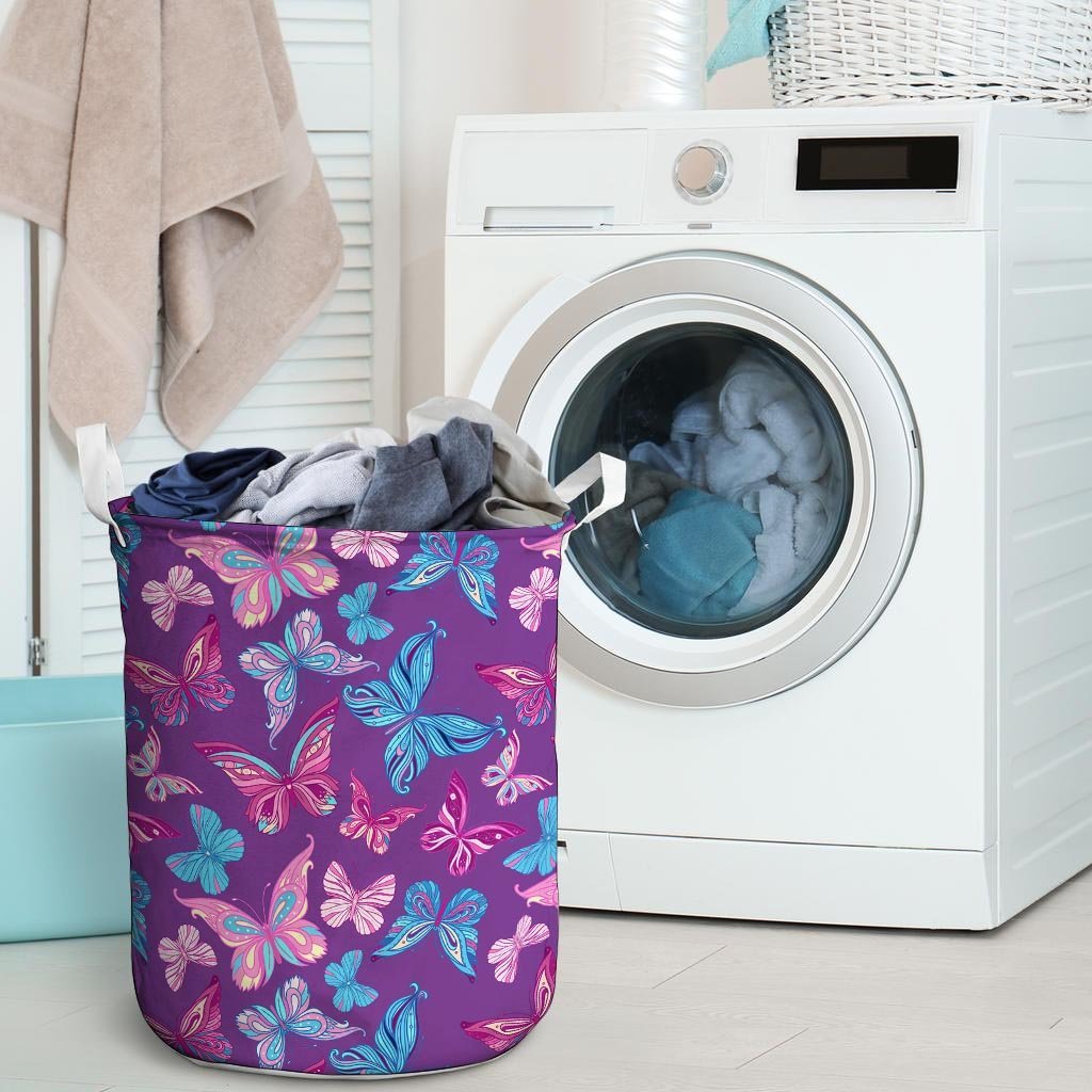 Blue And Pink Butterfly Print Laundry Basket-grizzshop