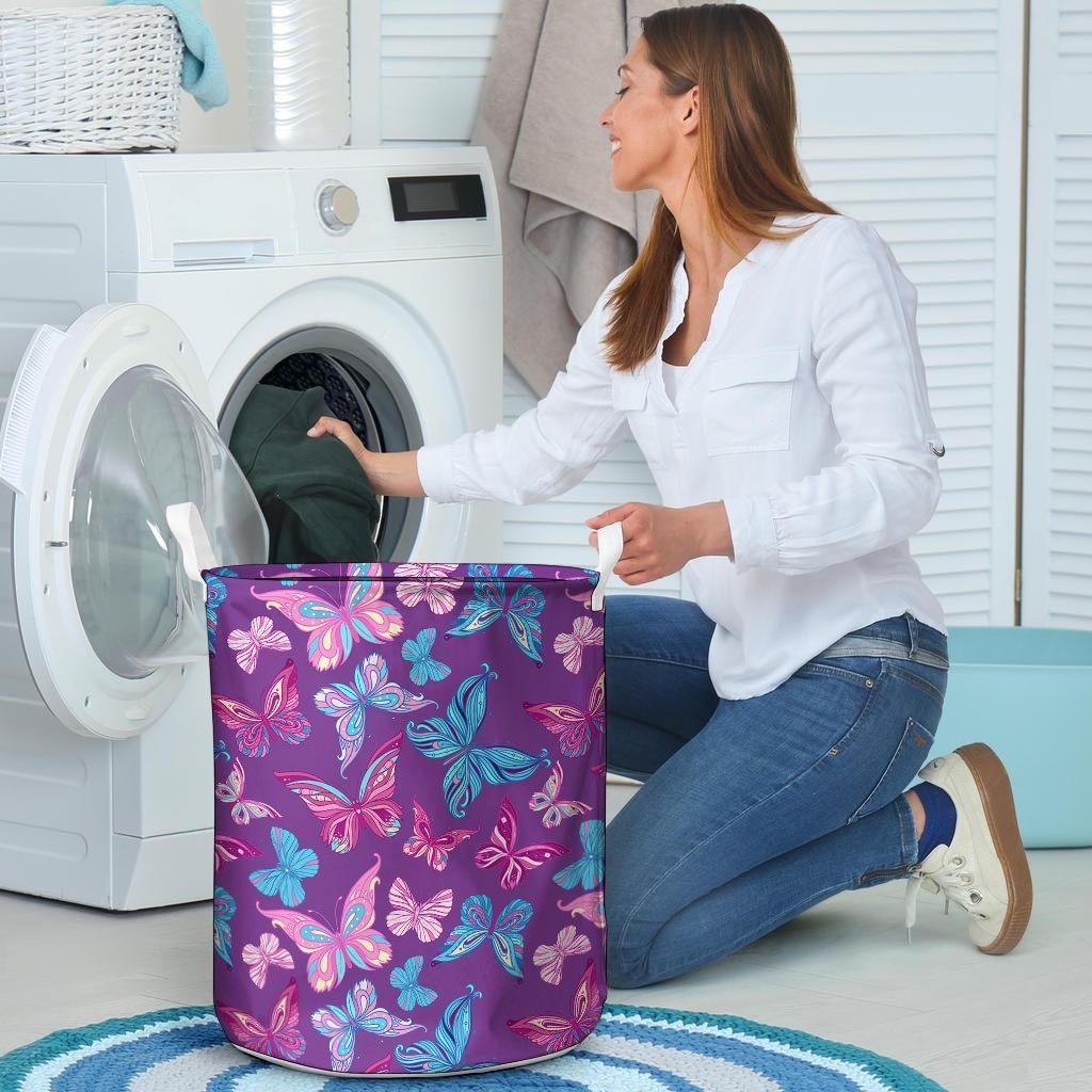 Blue And Pink Butterfly Print Laundry Basket-grizzshop