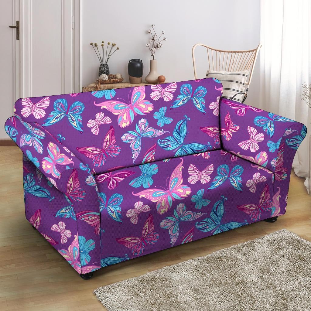 Blue And Pink Butterfly Print Loveseat Cover-grizzshop