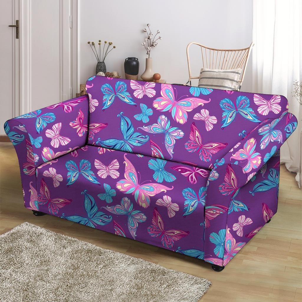 Blue And Pink Butterfly Print Loveseat Cover-grizzshop