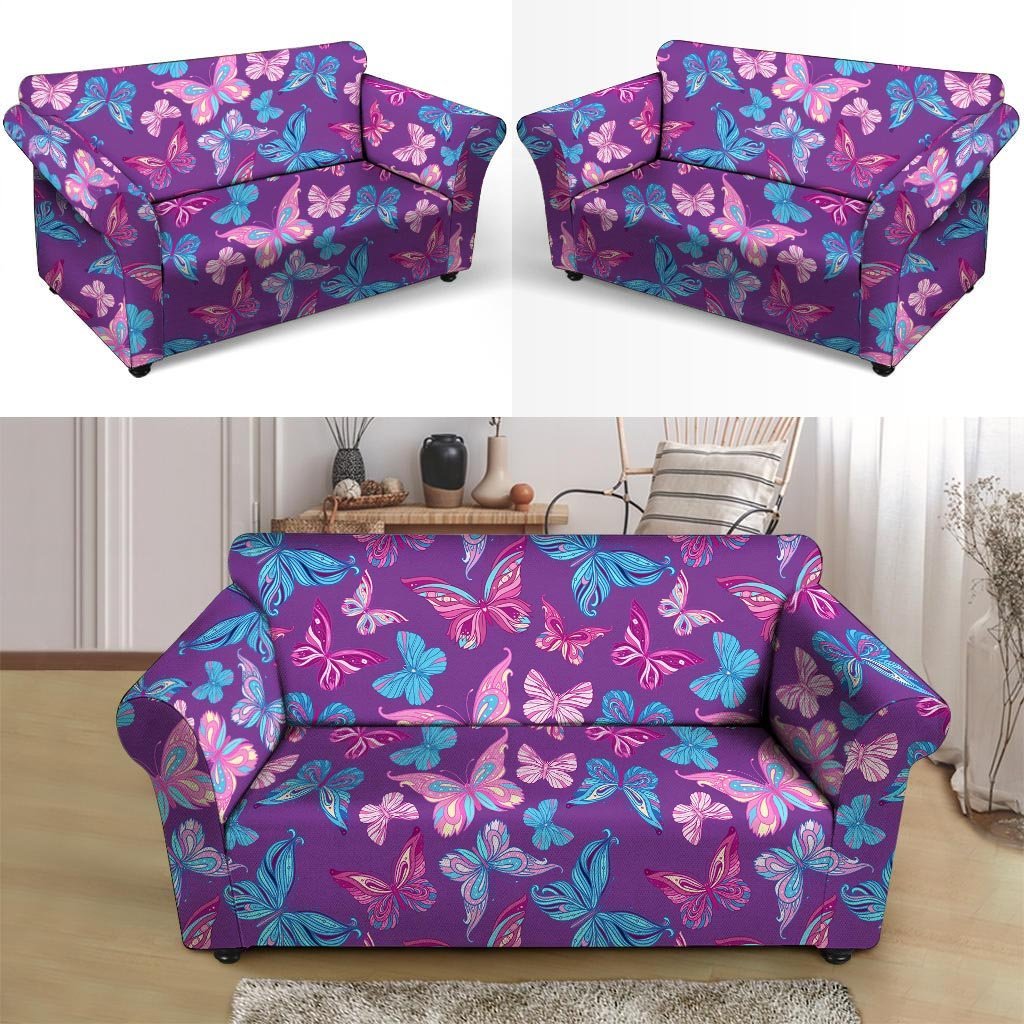 Blue And Pink Butterfly Print Loveseat Cover-grizzshop