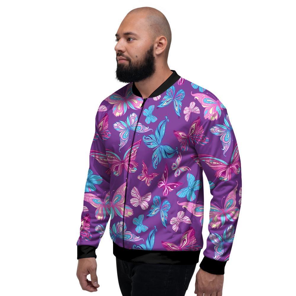 Blue And Pink Butterfly Print Men's Bomber Jacket-grizzshop