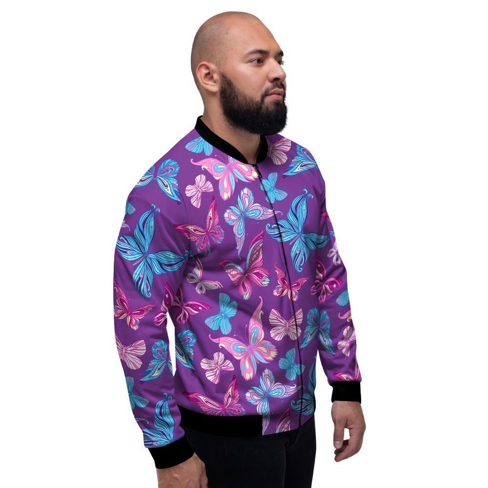 Blue And Pink Butterfly Print Men's Bomber Jacket-grizzshop