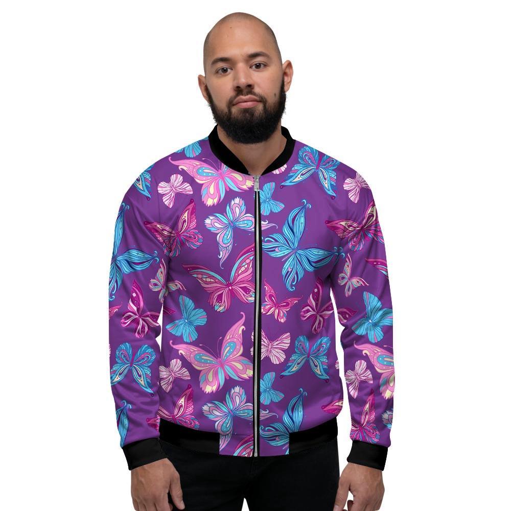 Blue And Pink Butterfly Print Men's Bomber Jacket-grizzshop