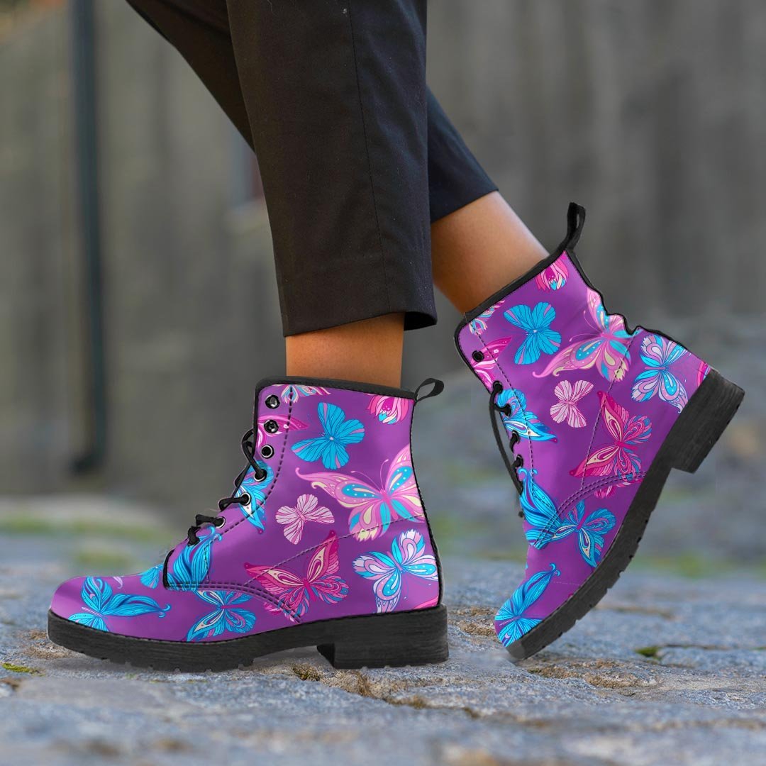 Blue And Pink Butterfly Print Men's Boots-grizzshop