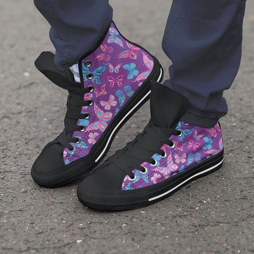 Blue And Pink Butterfly Print Men's High Top Shoes-grizzshop