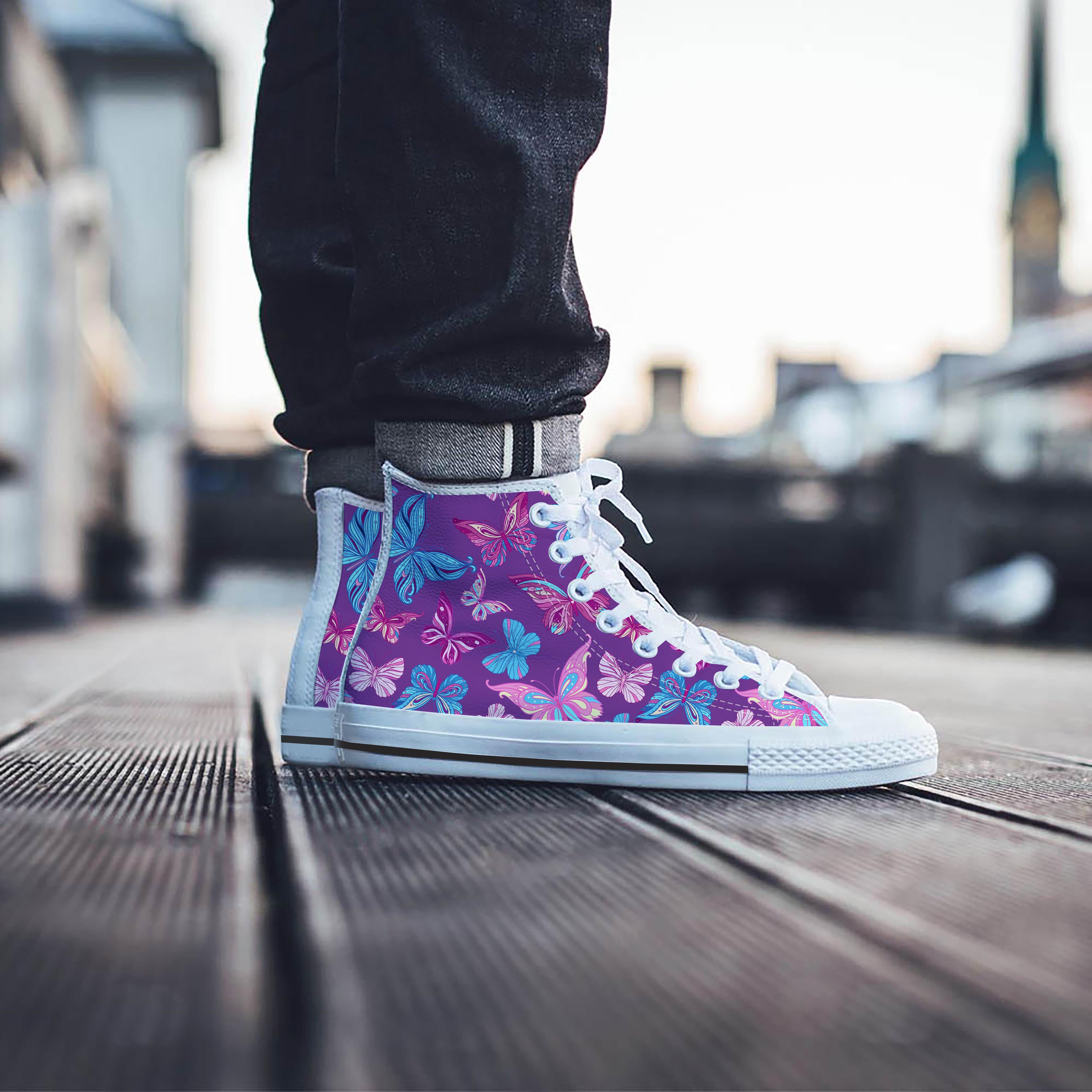 Blue And Pink Butterfly Print Men's High Top Shoes-grizzshop