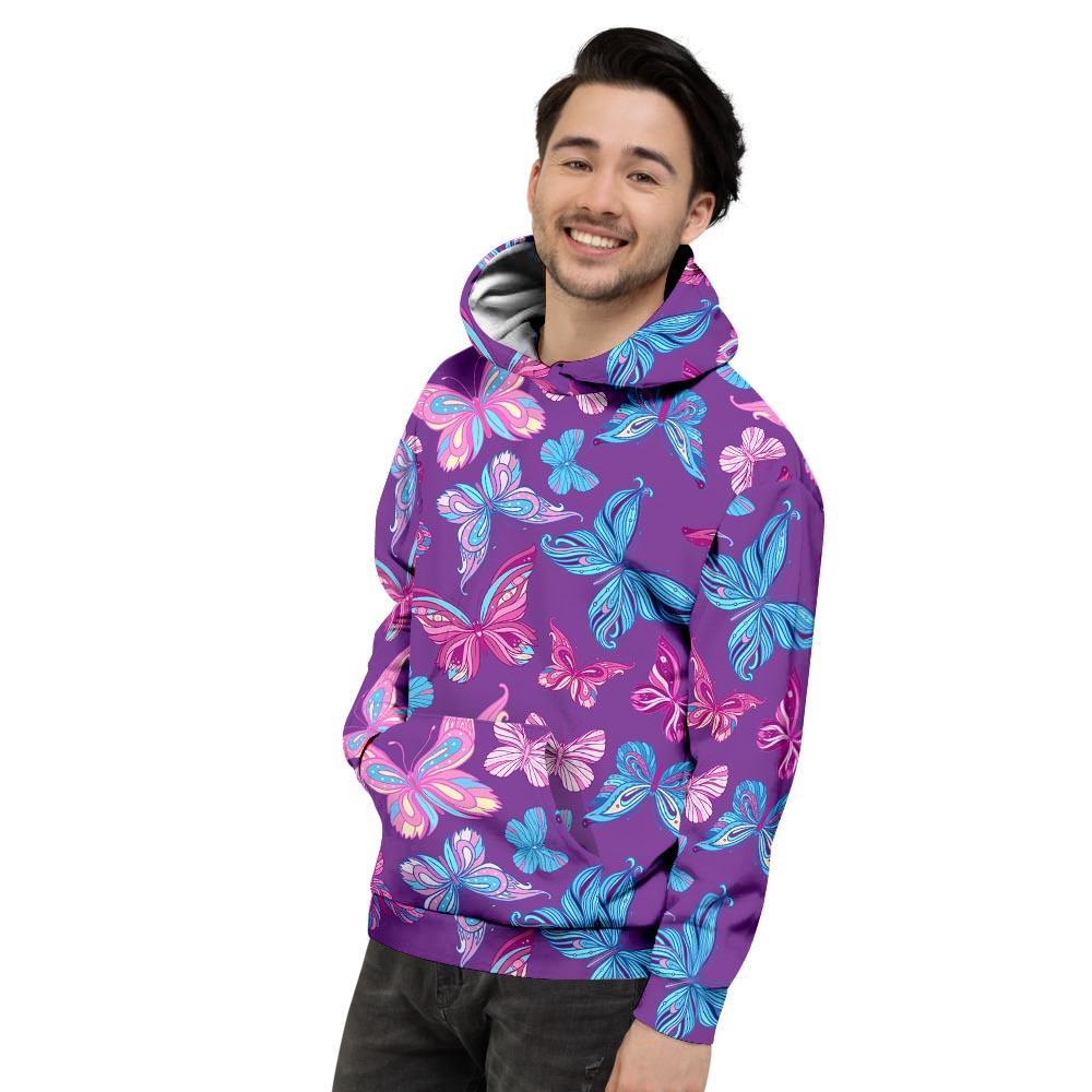 Blue And Pink Butterfly Print Men's Hoodie-grizzshop