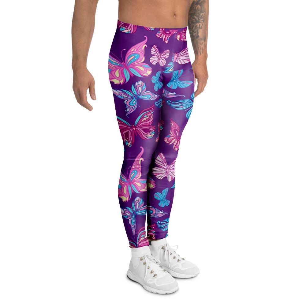 Blue And Pink Butterfly Print Men's Leggings-grizzshop