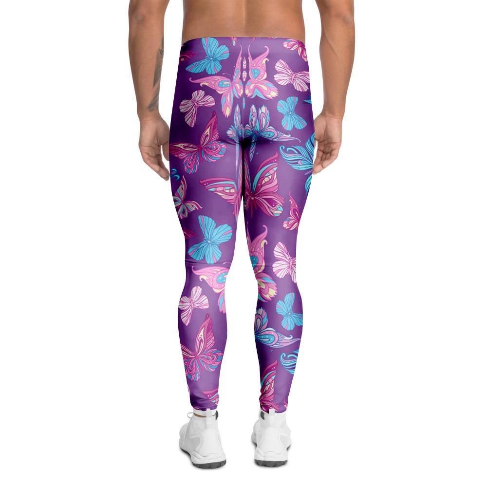 Blue And Pink Butterfly Print Men's Leggings-grizzshop