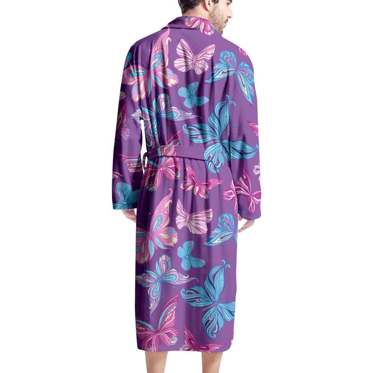 Blue And Pink Butterfly Print Men's Robe-grizzshop