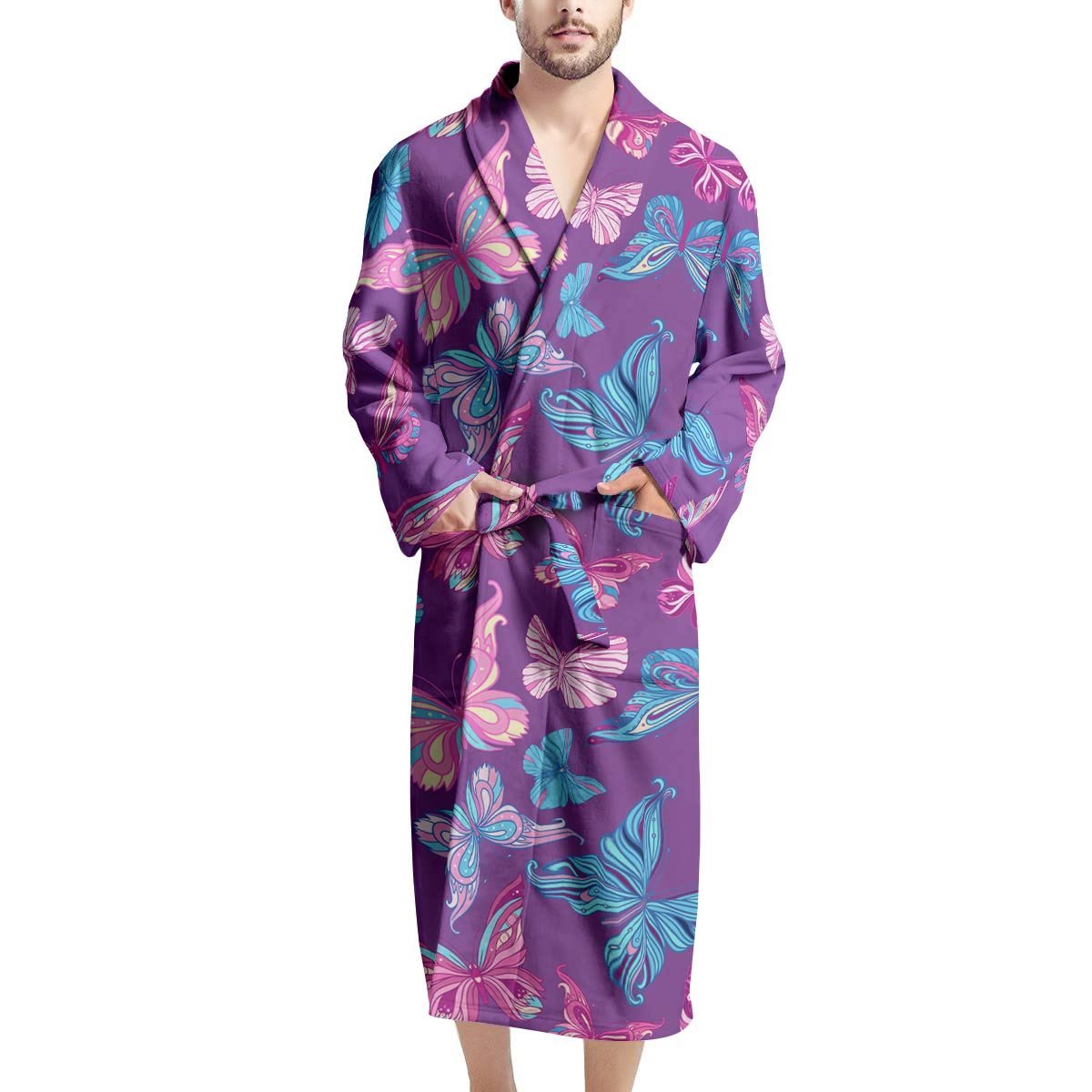 Blue And Pink Butterfly Print Men's Robe-grizzshop