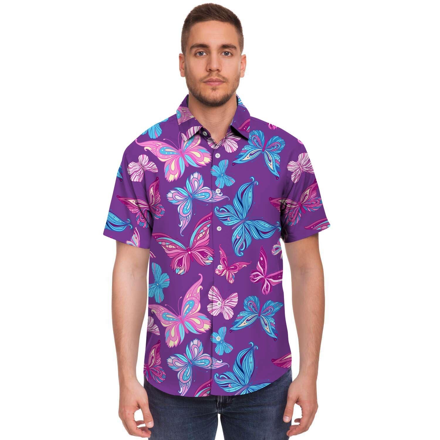 Blue And Pink Butterfly Print Men's Short Sleeve Shirt-grizzshop