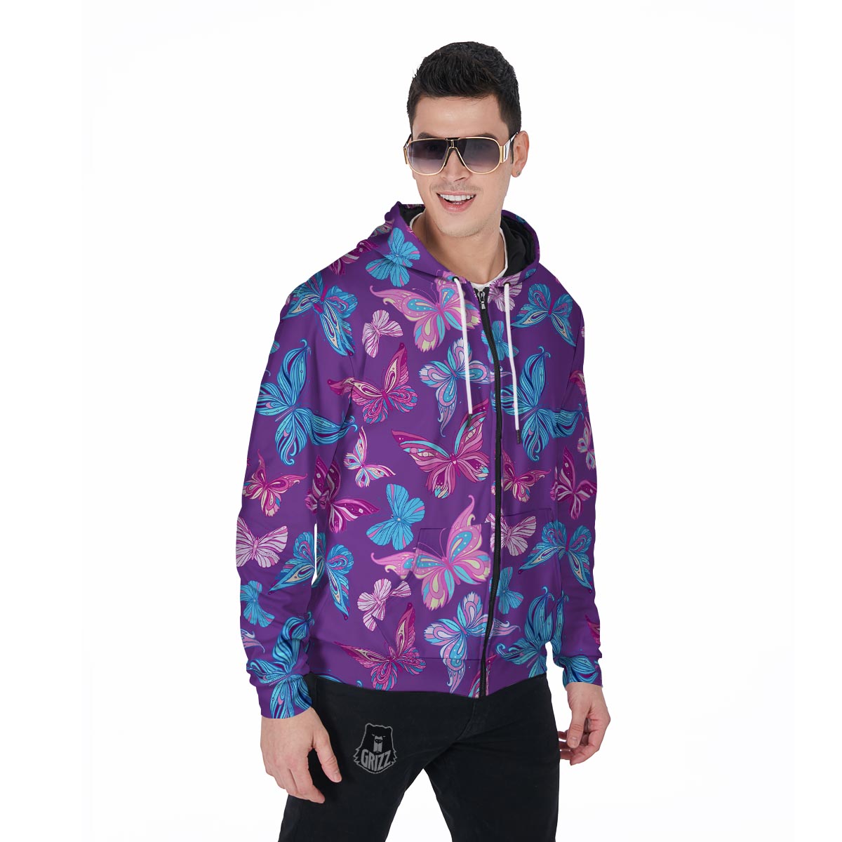 Blue And Pink Butterfly Print Men's Zip Up Hoodie-grizzshop