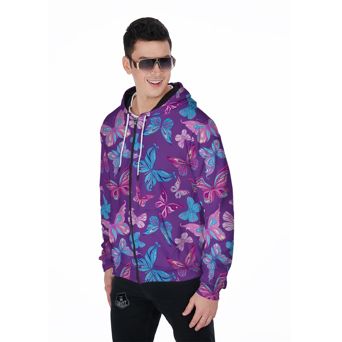 Blue And Pink Butterfly Print Men's Zip Up Hoodie-grizzshop