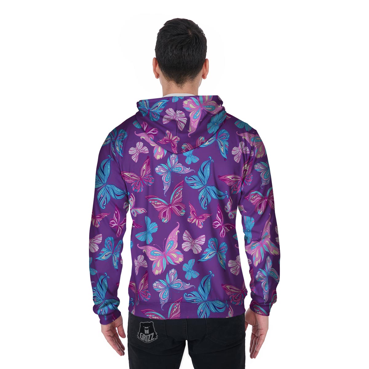 Blue And Pink Butterfly Print Men's Zip Up Hoodie-grizzshop