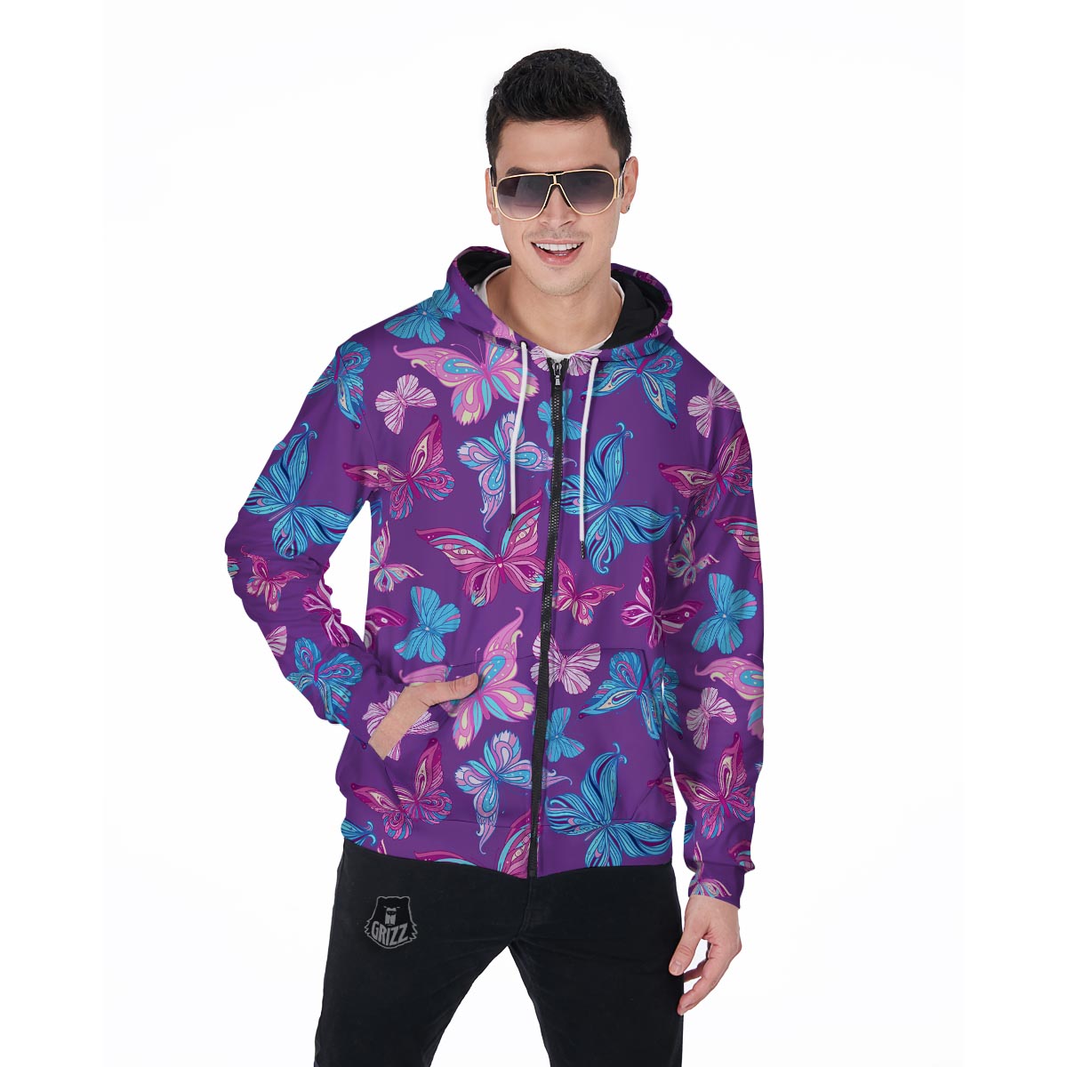 Blue And Pink Butterfly Print Men's Zip Up Hoodie-grizzshop