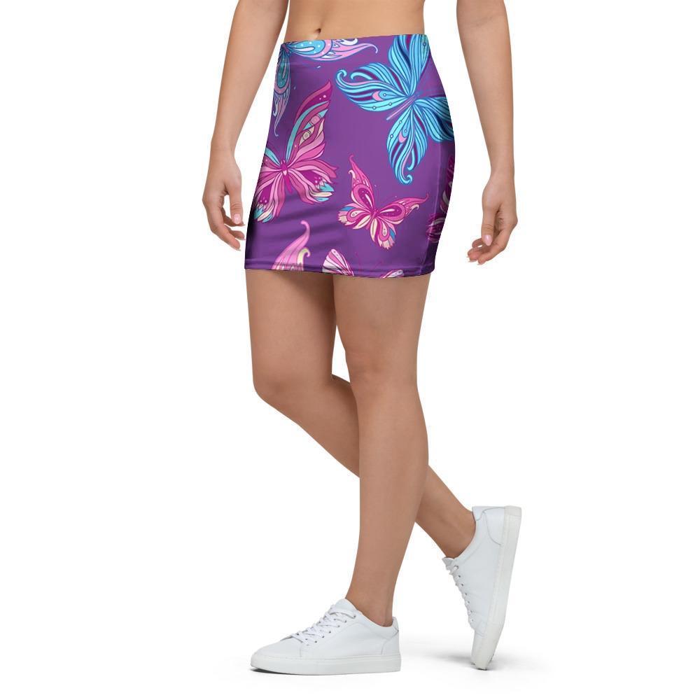 Blue And Pink Butterfly Print Mini Skirt-grizzshop