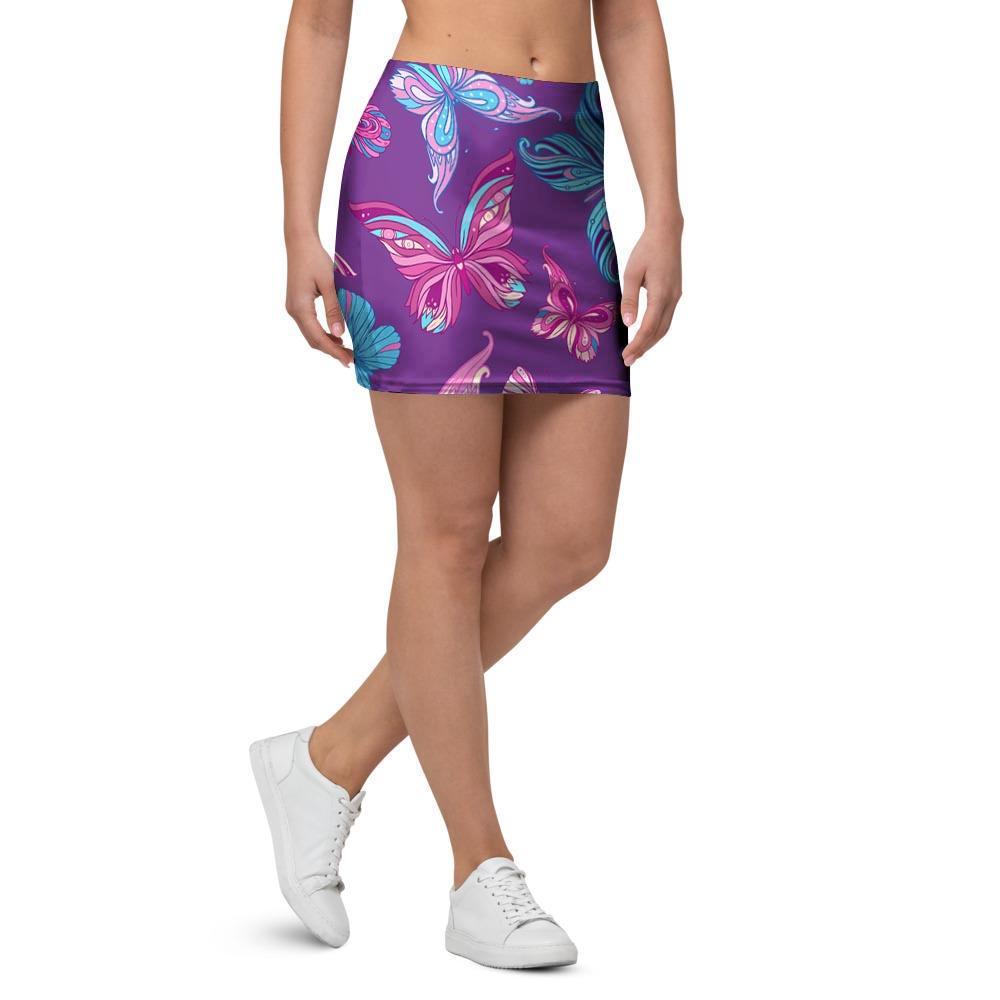 Blue And Pink Butterfly Print Mini Skirt-grizzshop