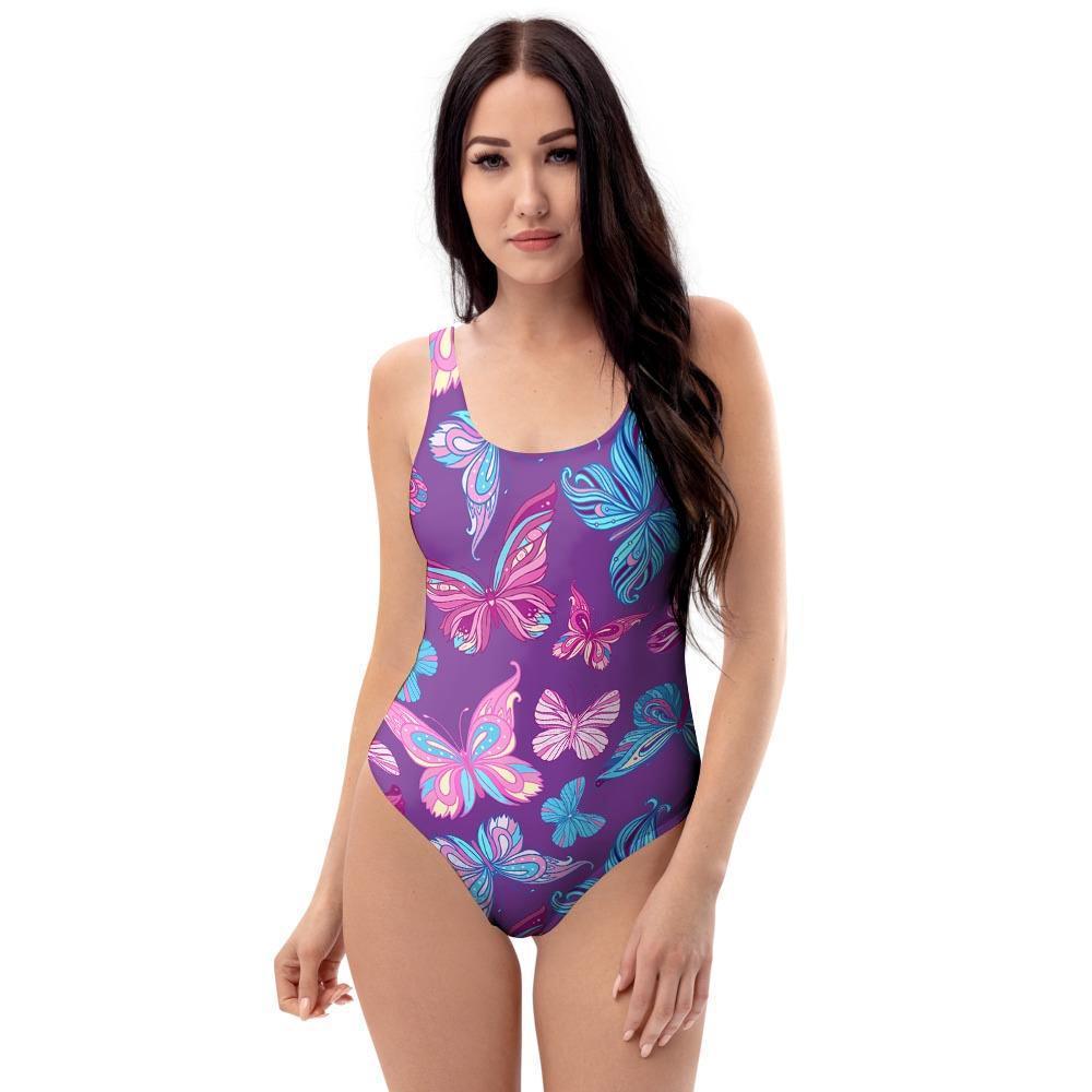 Blue And Pink Butterfly Print One Piece Swimsuite-grizzshop