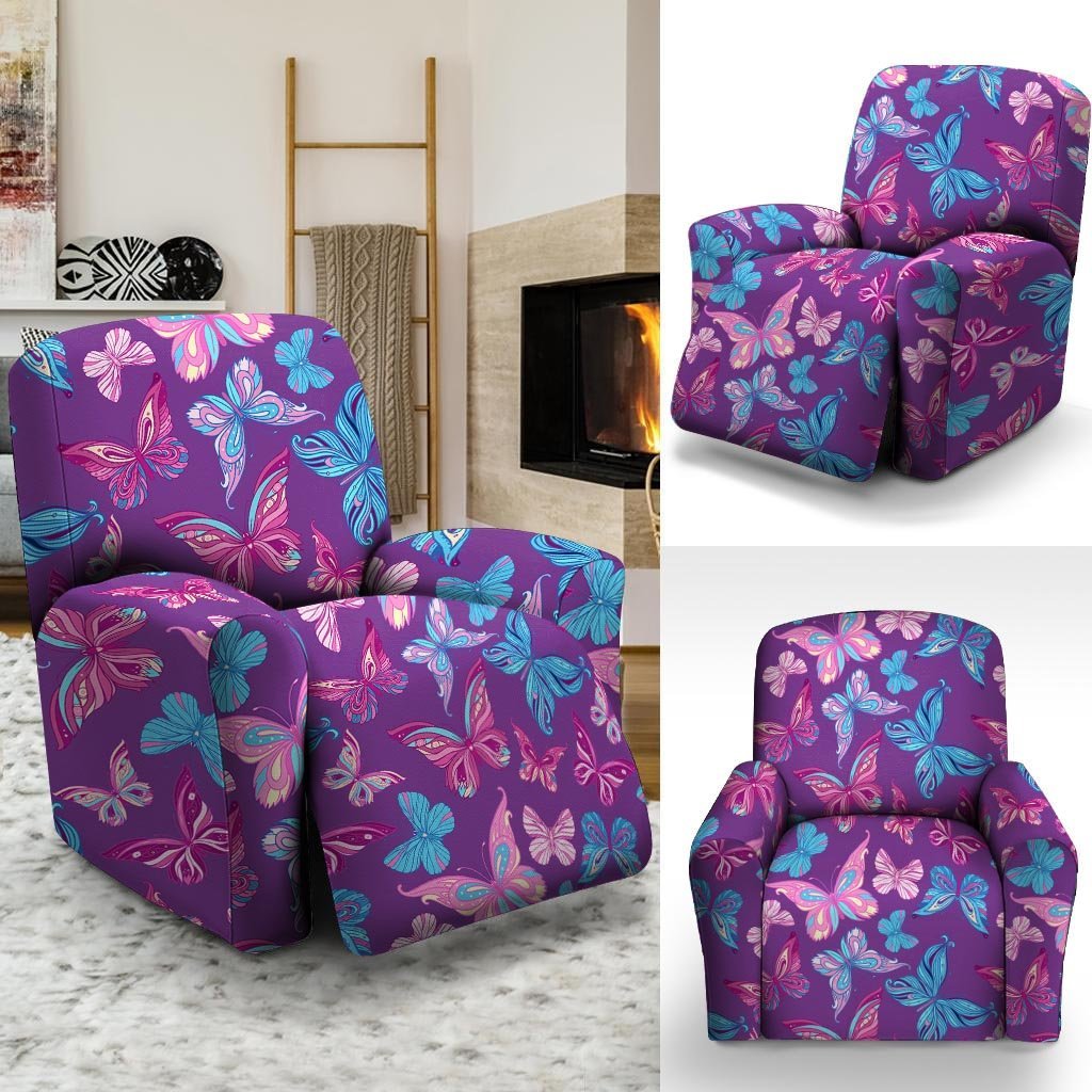 Blue And Pink Butterfly Print Recliner Cover-grizzshop