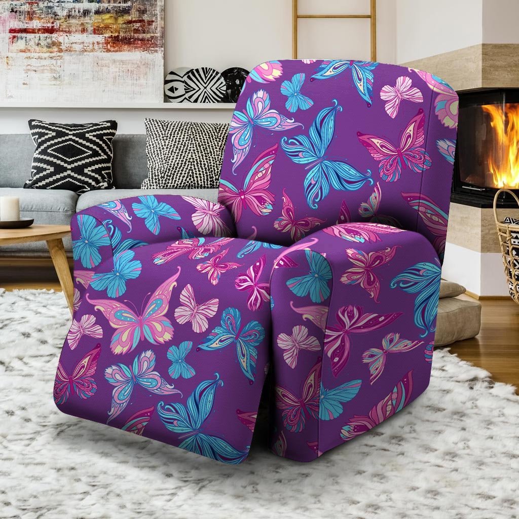 Blue And Pink Butterfly Print Recliner Cover-grizzshop