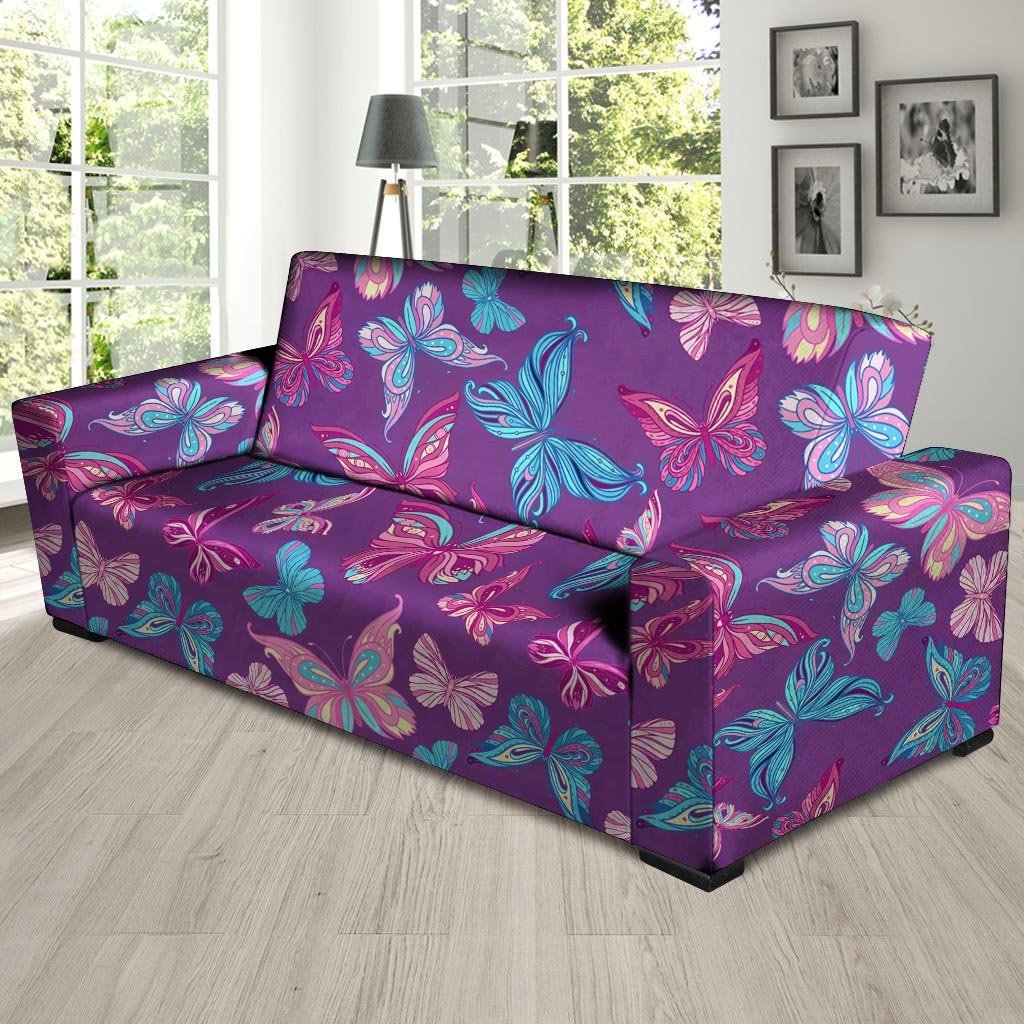 Blue And Pink Butterfly Print Sofa Cover-grizzshop